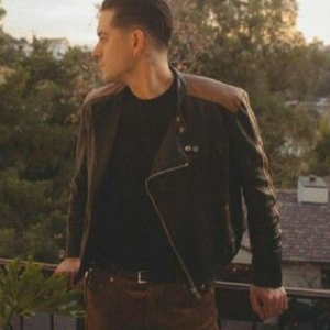 G-Eazy Black Biker Leather Jacket With & Brown Stripes On Shoulders And Sleeves