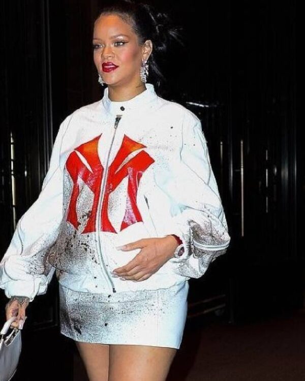 American Singer Robyn Rihanna Fenty New York White Yankees Bomber Leather Jacket