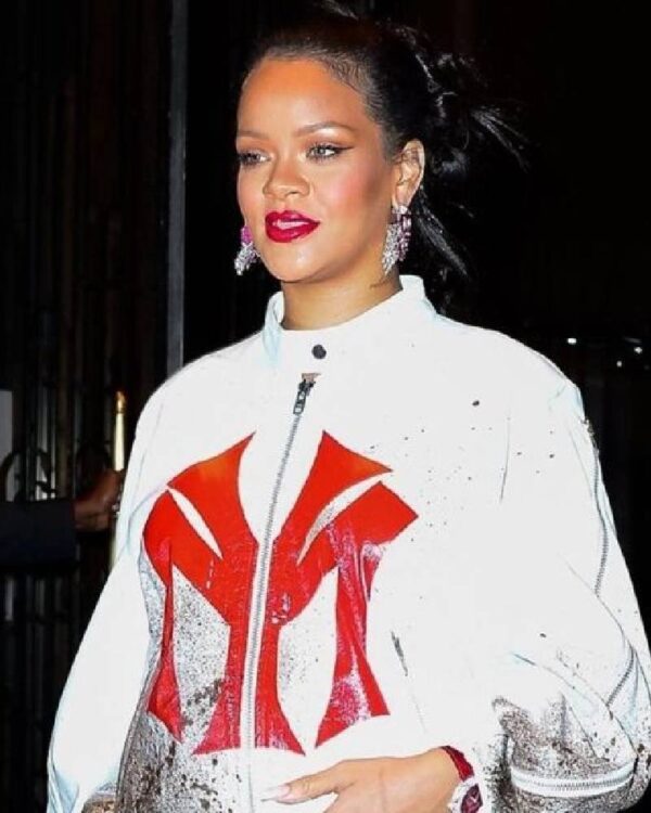 American Singer Robyn Rihanna Fenty New York White Yankees Bomber Leather Jacket