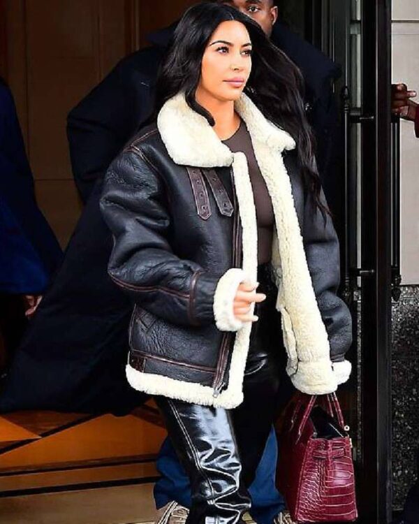 Kim Kardashian Bomber Shearling Leather Jacket