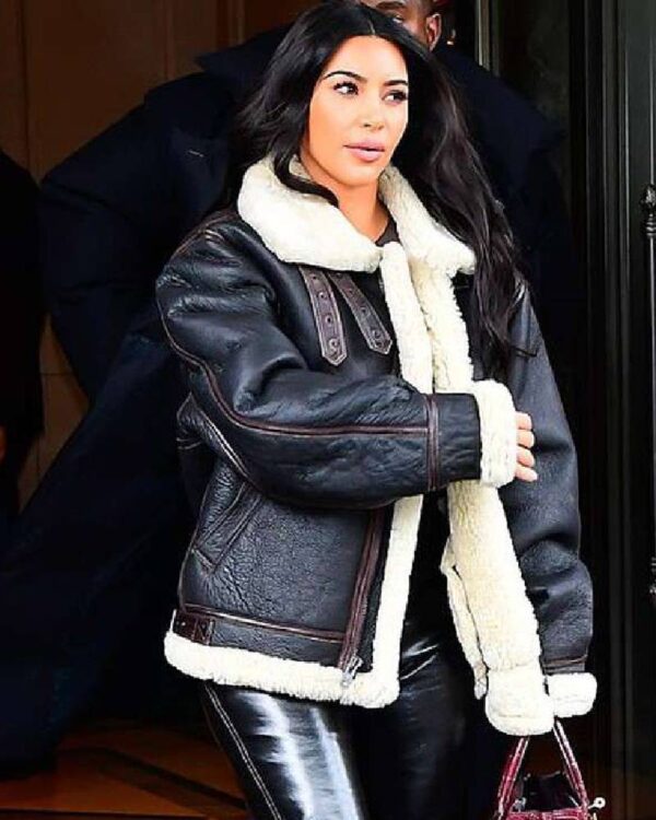 Kim Kardashian Bomber Shearling Leather Jacket